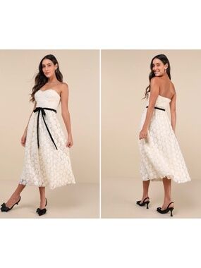 LULUS Cute Merriment Ivory 3D Floral Applique Lace Midi Dress S